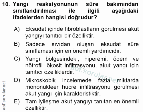 10. soru: Yangı reaksiyonunun süre bakımından sınıflandırılması ile ilgili aşağıdaki ifadelerden hangisi doğrudur? A) Eksudat i…
