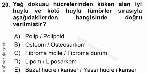 20. soru: Yağ dokusu hücrelerinden köken alan iyi huylu ve kötü huylu tümörler sırasıyla aşağıdakilerden hangisinde doğru veril…