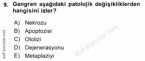 9. soru: Gangren aşağıdaki patolojik değişikliklerden hangisini izler? A) Nekrozu B) Apoptozisi llar.ne C) Otolizi aof.soru D)…