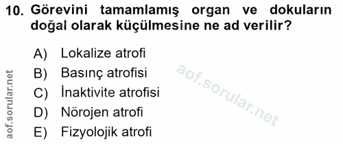 10. soru: Görevini tamamlamış organ ve • dokuların doğal olarak küçülmesine ne ad verilir? A, Lokalize atrofi Basınç atrofisi C…