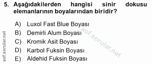 5. soru: Aşağıdakilerden hangisi sinir dokusu elemanlarının boyalarından biridir? A) Luxol Fast Blue Boyası B) Demirli Alum Bo…