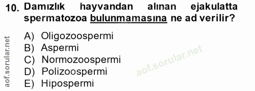 10. soru: Damızlık hayvandan alınan ejakulatta spermatozoa bulunmamasina ne ad verilir? A) Oligozoospermi B) Aspermi C) Normozo…