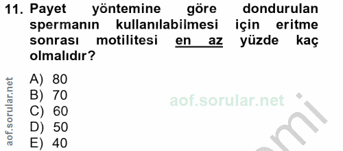 11. soru: Payet yöntemine göre dondurulan spermanın kullanılabilmesi için eritme sonrasi motilitesi en az yüzde kaç olmalıdır?…