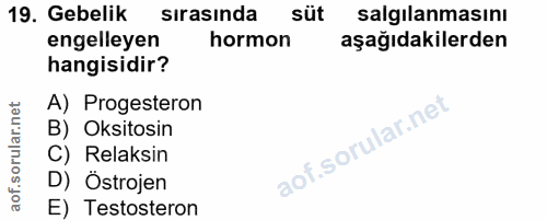 19. soru: Gebelik sırasında süt salgilanmasını engelleyen hormon aşağıdakilerden hangisidir? A) Progesteron B) Oksitosin C) Rea…