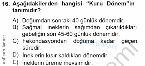 16. soru: Aşağıdakilerden hangisi "Kuru Dönem"in tanımıdır? A) Doğumdan sonraki 40 günlük dönemdir. B) Sağmal ineklerin sağımda…