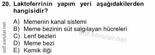 20. soru: Laktoferrinin yapım yeri aşağıdakilerden hangisidir? A) Memenin kanal sistemi B) Meme bezinin süt salgılayan hücreler…