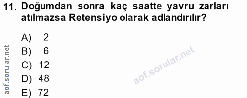 11. soru: Doğumdan sonra kaç saatte yavru zarları atılmazsa Retensiyo olarak adlandırılır? A) 2 B) 6 C) 12 D) 48 E) 72