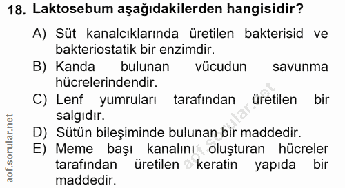 18. soru: Laktosebum aşağıdakilerden hangisidir? A) Süt kanalcıklarında üretilen bakterisid ve bakteriostatik bir enzimdir. B)…