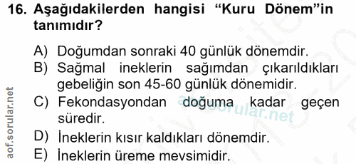 16. soru: Aşağıdakilerden hangisi "Kuru Dönem"in tanımıdır? A) Doğumdan sonraki 40 günlük dönemdir. B) Sağmal ineklerin sağımda…