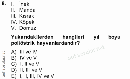 8. soru: I. Inek II. Manda III. Kısrak IV. Kopek V. Domuz Yukarıdakilerden hangileri yıl boyu poliöstrik hayvanlardandır? A) I…