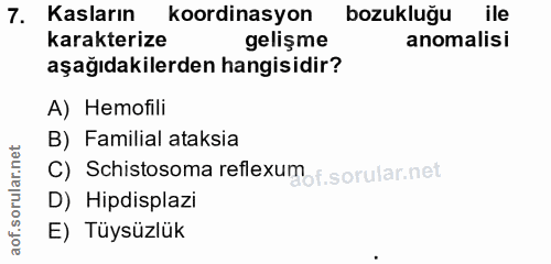 7. soru: Kasların koordinasyon bozukluğu ile karakterize gelişme anomalisi aşağıdakilerden hangisidir? A) Hemofili B) Familial…