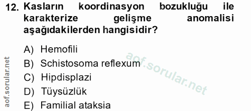 12. soru: Kasların koordinasyon bozukluğu ile karakterize gelişme anomalisi aşağıdakilerden hangisidir? B) Schistosoma reflexum…