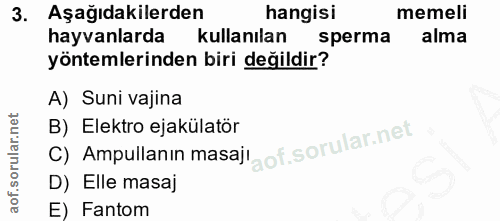 3. soru: Aşağıdakilerden hangisi memeli hayvanlarda kullanılan sperma alma yöntemlerinden biri değildir? A) Suni vajina C) Amp…
