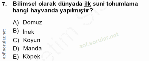 7. soru: Bilimsel olarak dünyada ilk suni tohumlama hangi hayvanda yapılmıştır? A) Domuz B) İnek C) Koyun D) Manda E) Köpek