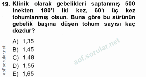 19. soru: Klinik olarak gebelikleri saptanmış 500 inekten 180'i iki kez, 60% üç kez tohumlanmış olsun. Buna göre bu sürünün geb…