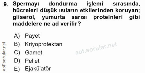 9. soru: Spermayı dondurma işlemi sırasında, hücreleri düşük ısıların etkilerinden koruyan; gliserol, yumurta sarısı proteinle…