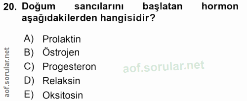 20. soru: Doğum sancilarını başlatan hormon aşağıdakilerden hangisidir? A) Prolaktin B) Ostrojen of. C) Progesteron D) Reaksin…