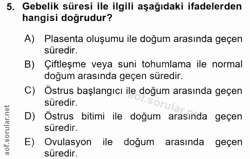 5. soru: Gebelik süresi ile ilgili aşağıdaki ifadelerden hangisi dogrudur? A) Plasenta oluşumu ile doğum arasında geçen süredi…