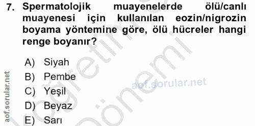 7. soru: Spermatolojik muayenelerde ölü/canlı muayenesi için kullanılan eozin/nigrozin boyama yöntemine göre, ölü hücreler han…