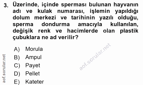 3. soru: Uzerinde, içinde sperması bulunan hayvanın adı ve kulak numarası, işlemin yapıldığı dolum merkezi ve tarihinin yazılı…