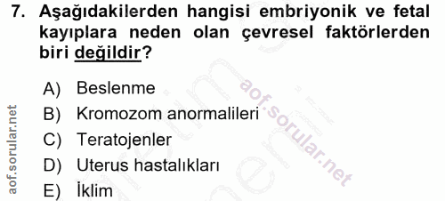 7. soru: Aşağıdakilerden hangisi embriyonik ve fetal kayıplara neden olan çevresel faktörlerden biri değildir? A) Beslenme B)…