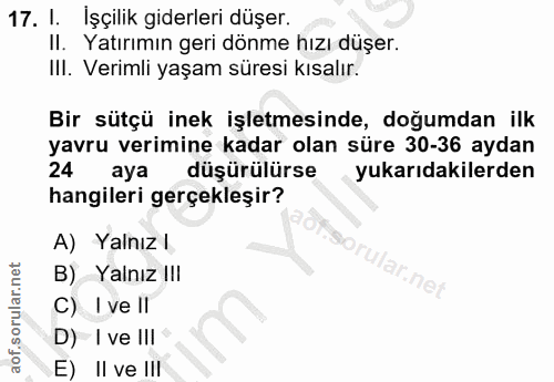 17. soru: I. İşçilik giderleri düşer. II. Yatırımın geri dönme hızı düşer. III. Verimli yaşam süresi kısalır. Bir sütçü inek iş…