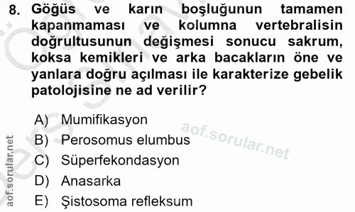 8. soru: Göğüs ve karın boşluğunun tamamen kapanmaması ve kolumna vertebralisin doğrultusunun değişmesi sonucu sakrum, koksa k…