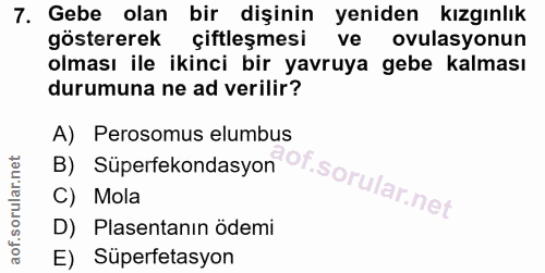 7. soru: Gebe olan bir dişinin yeniden kızgınlık göstererek çiftleşmesi ve ovulasyonun olması ile ikinci bir yavruya gebe kalm…
