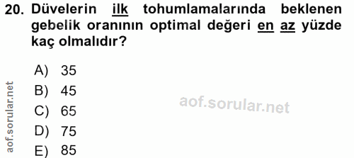 20. soru: Düvelerin ilk tohumlamalarında beklenen gebelik oranının optimal değeri en az yüzde kaç olmalıdır? A) 35 B) 45 C) 65…