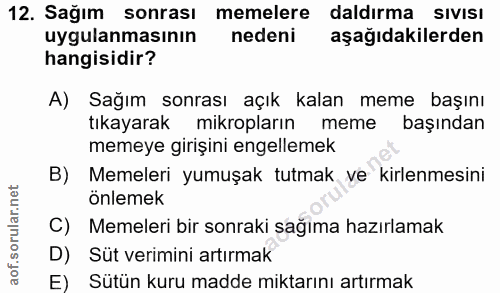 12. soru: Sağım sonrası memelere daldırma SIVIsI uygulanmasının nedeni aşağıdakilerden hangisidir? A) Sağım sonrası açık kalan…