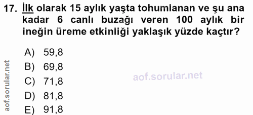 17. soru: İlk olarak 15 aylık yaşta tohumlanan ve șu ana kadar 6 canlı buzağı veren 100 aylık bir ineğin üreme etkinliği yaklaş…