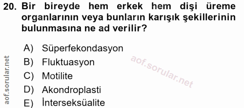 20. soru: Bir bireyde hem erkek hem dişi üreme organlarının veya bunların karışık şekillerinin bulunmasına ne ad verilir? A) Sü…