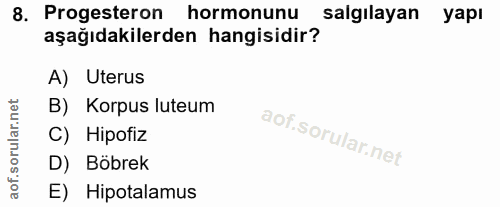 8. soru: Progesteron hormonunu salgilayan yapı aşağıdakilerden hangisidir? A) Uterus B) Korpus luteum C) Hipofiz D) Böbrek aof…