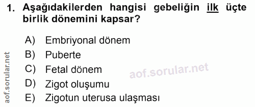 1. soru: Aşağıdakilerden hangisi gebeliğin ilk üçte birlik dönemini kapsar? A) Embriyonal dönem B) Puberte C) Fetal dönem D) Z…