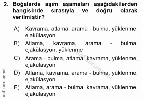 2. soru: Boğalarda aşım aşamaları aşağıdakilerden hangisinde sırasıyla ve doğru olarak verilmiştir? A) Kavrama, atlama, arama…