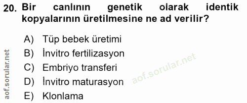 20. soru: Bir canlının genetik olarak identik kopyalarının üretilmesine ne ad verilir? A) Tüp bebek üretimi B) Invitro fertiliz…