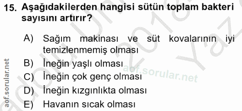 15. soru: Aşağıdakilerden hangisi sütün toplam bakteri sayısını artırır? A) Sağım makinası ve süt kovalarının iyi temizlenmemiş…
