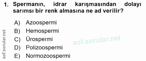 1. soru: Spermanın, idrar karışmasından dolayı sarımsı bir renk almasına ne ad verilir? A) Azoospermi B) Hemospermi C) Ürosper…