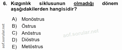 6. soru: Kızgınlık siklusunun olmadığı dönem aşağıdakilerden hangisidir? A) Monöstrus B) Östrus orular.n C) Anöstrus D) Diöstr…