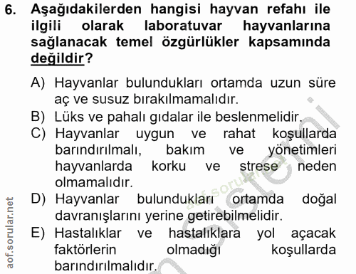 6. soru: Aşağıdakilerden hangisi hayvan refahı ile ilgili olarak laboratuvar hayvanlarına sağlanacak temel özgürlükler kapsamı…
