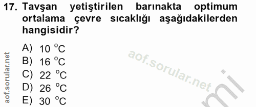 17. soru: Tavşan yetiştirilen barınakta optimum ortalama çevre sıcaklığı aşağıdakilerden hangisidir? A) 10 °C B) 16 °C C) 22 °C…