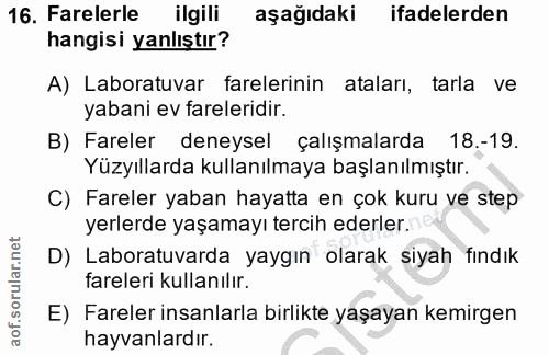 16. soru: Farelerle ilgili aşağıdaki ifadelerden hangisi yanlıştır? A) Laboratuvar farelerinin ataları, tarla ve yabani ev fare…