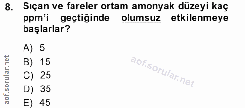 8. soru: Sıçan ve fareler ortam amonyak düzeyi kaç ppm'i geçtiğinde olumsuz etkilenmeye başlarlar? A) 5 B) 15 C) 25 D) 35 E) 45