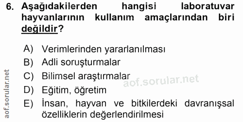 6. soru: Aşağıdakilerden hangisi laboratuvar hayvanlarının kullanım amaçlarından biri değildir? A) Verimlerinden yararlanılmas…