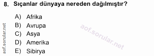 8. soru: Sıçanlar dünyaya nereden dağılmıştır? A) Afrika B) Avrupa C) Asya D) Amerika E) Sibirya