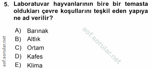 5. soru: Laboratuvar hayvanlarının bire bir temasta oldukları çevre koşullarını teşkil eden yapıya ne ad verilir? A) Barınak B…