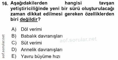 16. soru: Aşağıdakilerden hangisi tavşan yetiştiriciliğinde yeni bir sürü oluşturulacağı zaman dikkat edilmesi gereken özellikl…