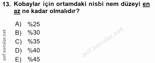 13. soru: Kobaylar için ortamdaki nisbi nem düzeyi en az ne kadar olmalıdır? A) %25 B) %30 C) %35 D) %40 E) %45