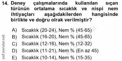 14. soru: Deney çalışmalarında kullanılan siçan türünün ortalama sıcaklık ve nispi nem ihtiyaçları aşağıdakilerden hangisinde b…