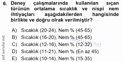 6. soru: Deney çalışmalarında kullanılan siçan türünün ortalama sıcaklık ve nispi nem ihtiyaçları aşağıdakilerden hangisinde b…
